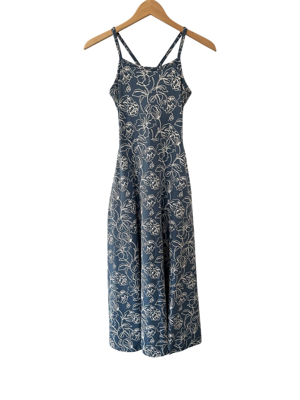 Pact Fit & Flare floral Midi Dress XS slate blue organic Cotton Pockets NWOT